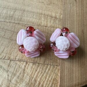 Vintage West Germany Clip Earrings 1 Inch Pink Crystal Beaded Cluster Textured
